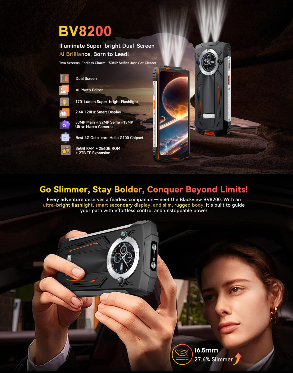DOKE COMMUNICATION (HK) LIMITED Blackview BV8200 Outdoor-Smartphone, 170-Lumen-Taschenlampe, Dual-Display, Helio G100, 36+256GB, 6,5" 120Hz FHD+, 50MP, IP68, Android 14, NFC – Ansicht 4