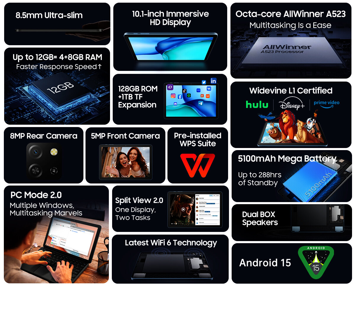 DOKE COMMUNICATION (HK) LIMITED Blackview Tab 60 Pro WiFi blauTablet 10,1 Zoll Android 15 – 16GB RAM (8+8) + 128GB Speicher, bis 1TB erweiterbar, Octa Core, WiFi 6, Widevine L1, 5100mAh Akku, Dual Kamera, Face ID, USB-C – Ansicht 4