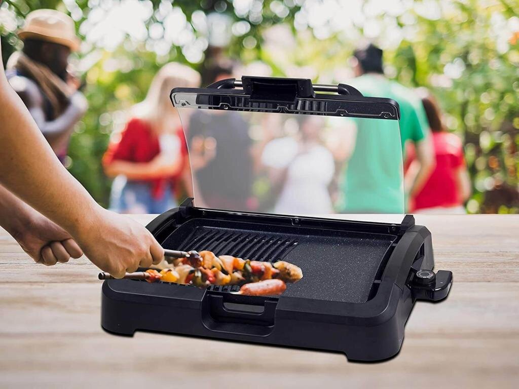 Beper s.r.l Beper 90.871 Elektrogrill mit Glasdeckel, beschichtete Grillplatte, Edelstahl, 2200 W – Ansicht 7
