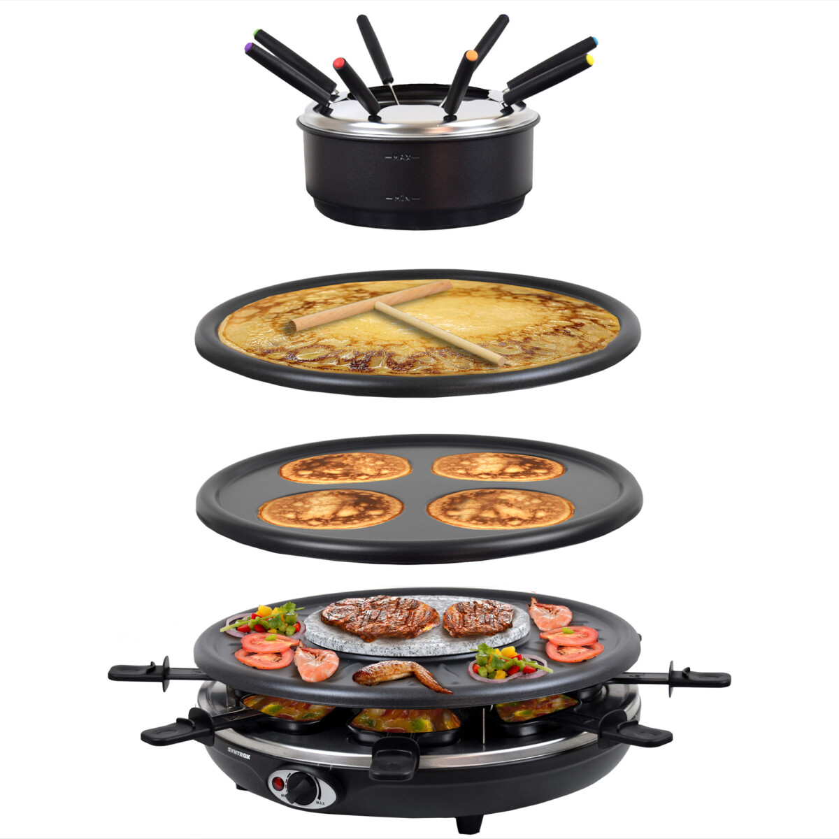 Raclette mit Fondue für 8 Personen 4 Platten | heißer Stein | 1350W | Antihaftbeschichtet - Wades / B-Ware