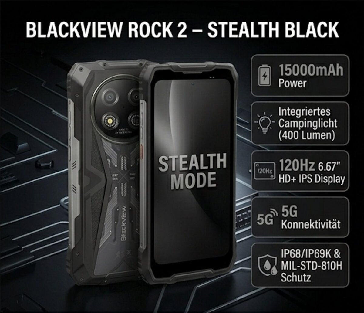 DOKE COMMUNICATION (HK) LIMITED Blackview ROCK 2 Schwarz Outdoor Handy: 5G, 15000mAh Akku, Android 16, 24GB RAM, 256GB ROM, 6,67" 120Hz Display, 33W Fast Charge, NFC, Robustes Smartphone