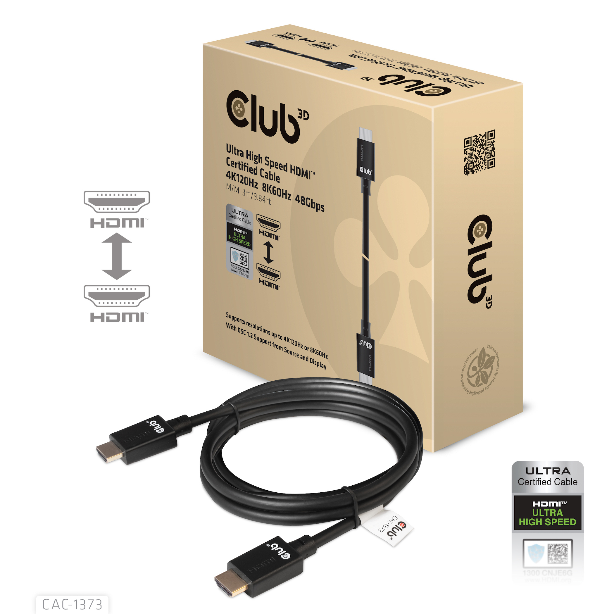Club 3D Ultra High Speed HDMI 4K120Hz, 8K60Hz Kabel 48Gbps Stecker/ Stecker 3 Meter
