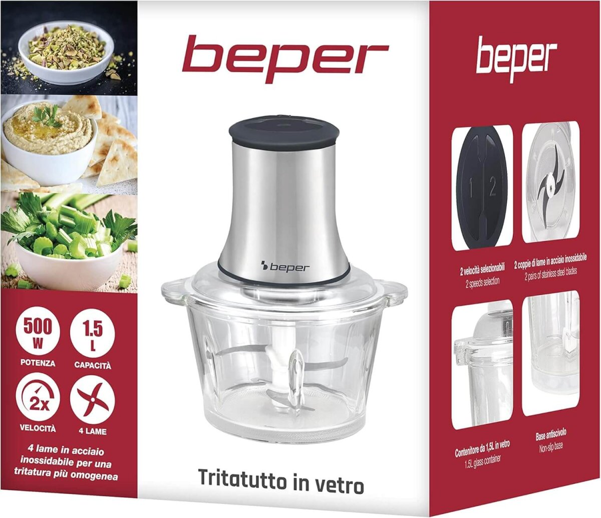 Beper s.r.l Beper P102ROB001 Glas-Zerkleinerer 1,5 L, 500 W Küchenhäcksler, Universalmixer, Edelstahl-Klingen, 2 Geschwindigkeiten, rutschfeste Basis, Lebensmittel zerkleinern – Ansicht 2