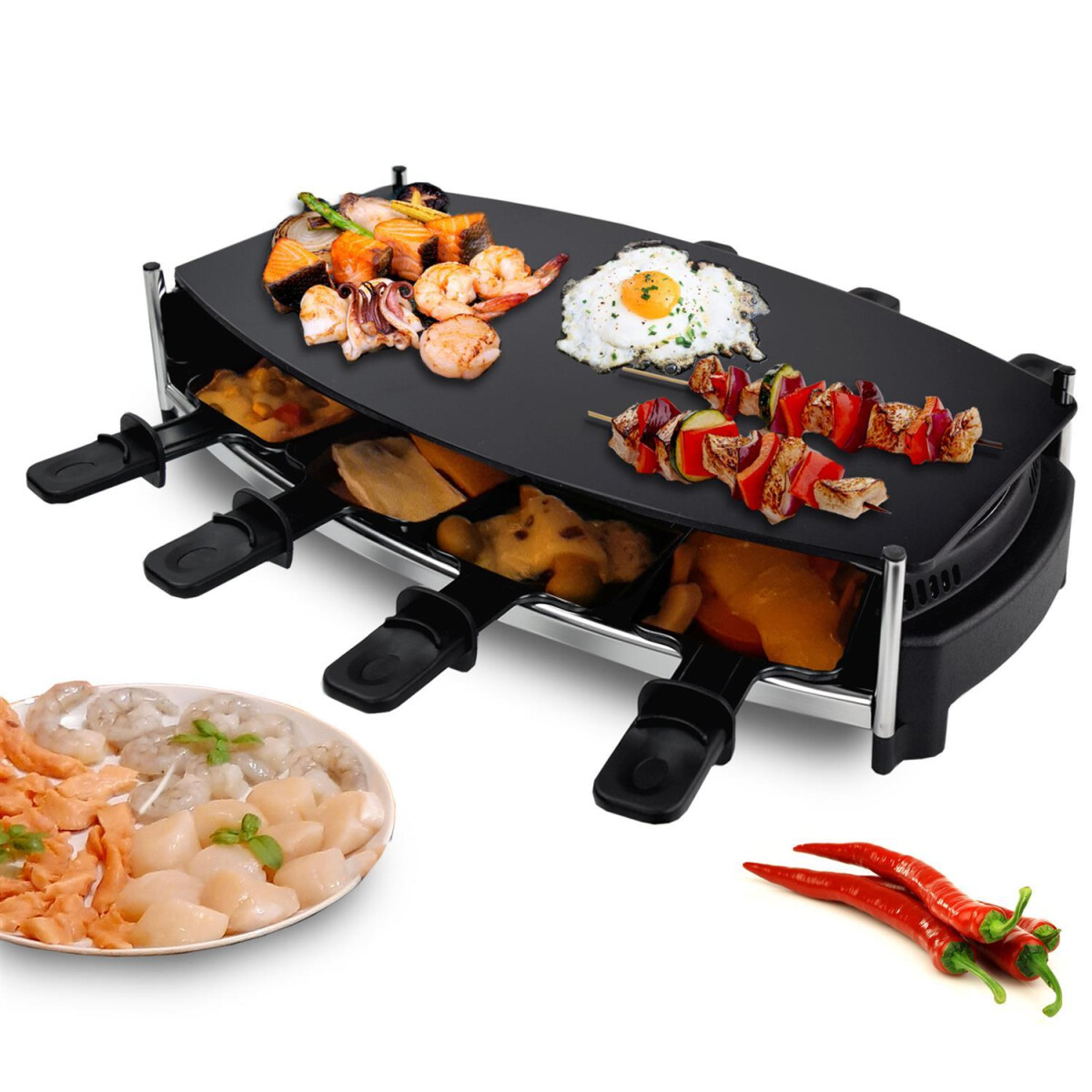 Raclette für 8 Personen | Glasplatte | 1000W | Antihaftbeschichtet - Wallixa / B-Ware