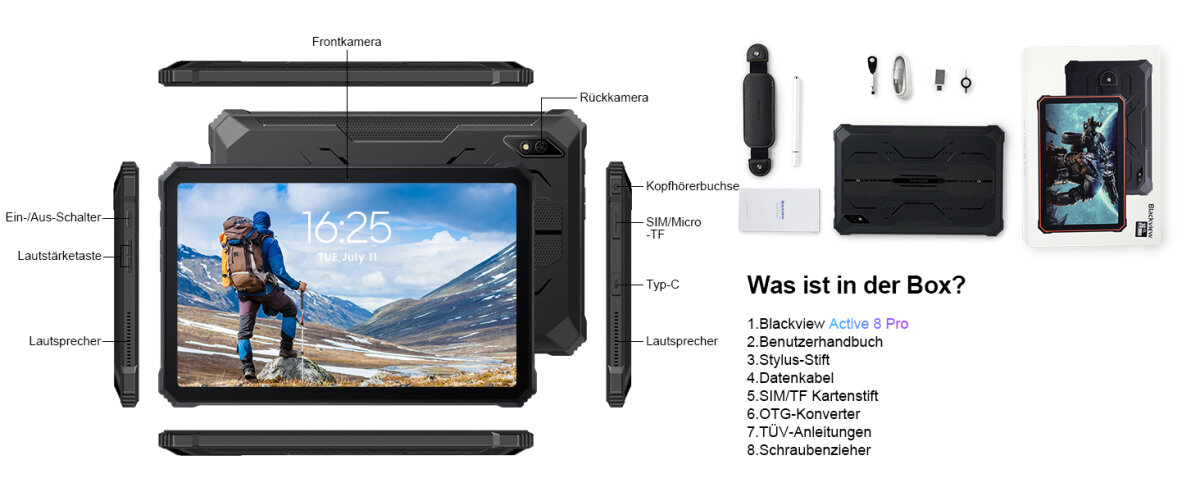 DOKE COMMUNICATION (HK) LIMITED Blackview Active 8 Pro Orange Rugged Tablet 10,36" 2,4K FHD+ 16GB RAM 256GB ROM 48MP Kamera 22000mAh Android 15 Dual SIM LTE WiFi NFC GPS OTG Outdoor – Ansicht 6