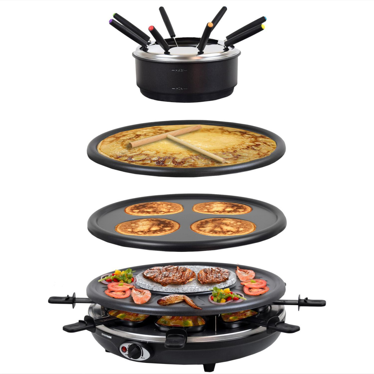 Raclette mit Fondue für 8 Personen 4 Platten | heißer Stein | 1350W | Antihaftbeschichtet - Wades / A-Ware