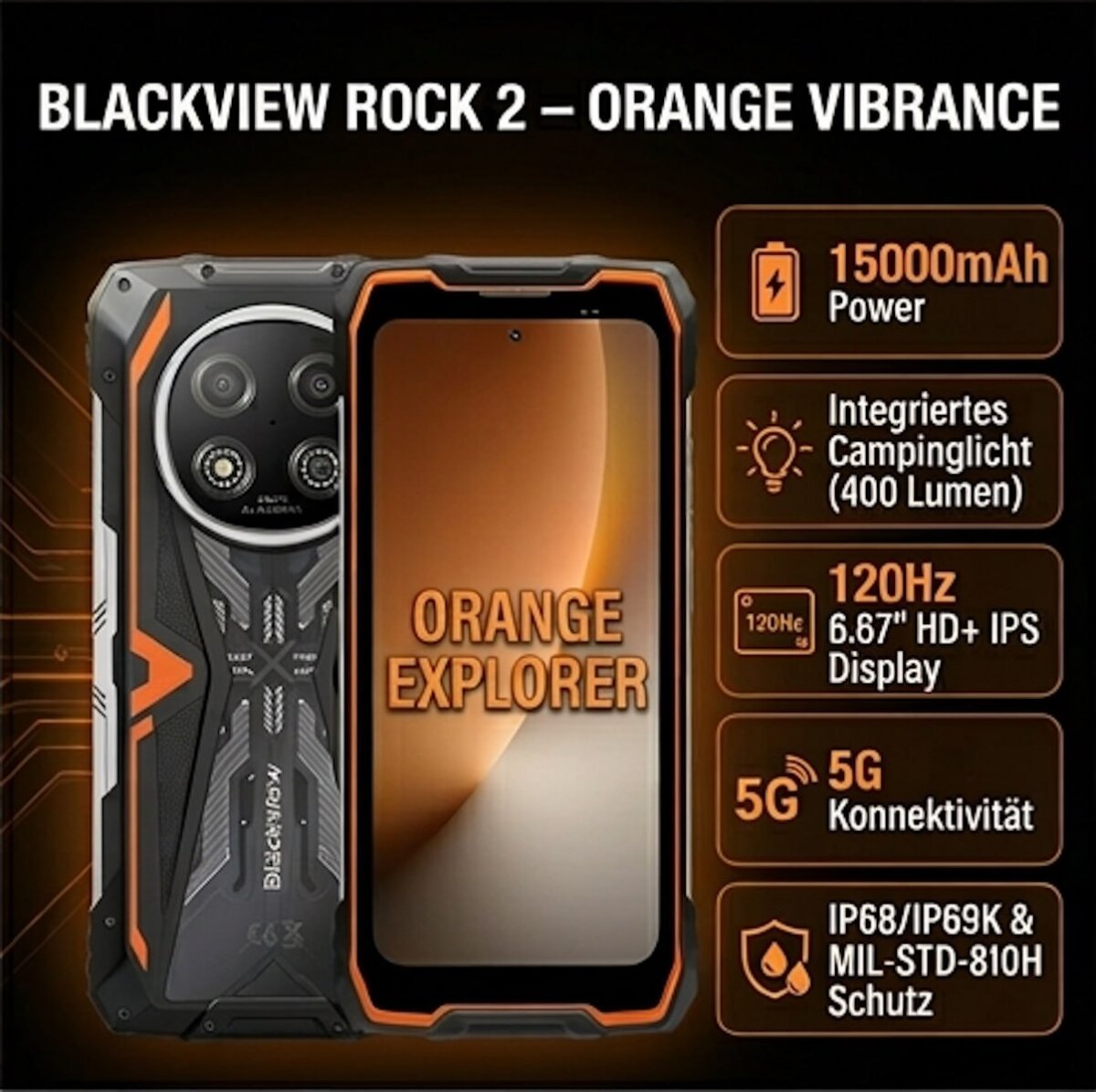 DOKE COMMUNICATION (HK) LIMITED Blackview ROCK 2 Orange Outdoor Handy: 5G, 15000mAh Akku, Android 16, 24GB RAM, 256GB ROM, 6,67" 120Hz Display, 33W Fast Charge, NFC, Robustes Smartphone – Ansicht 2