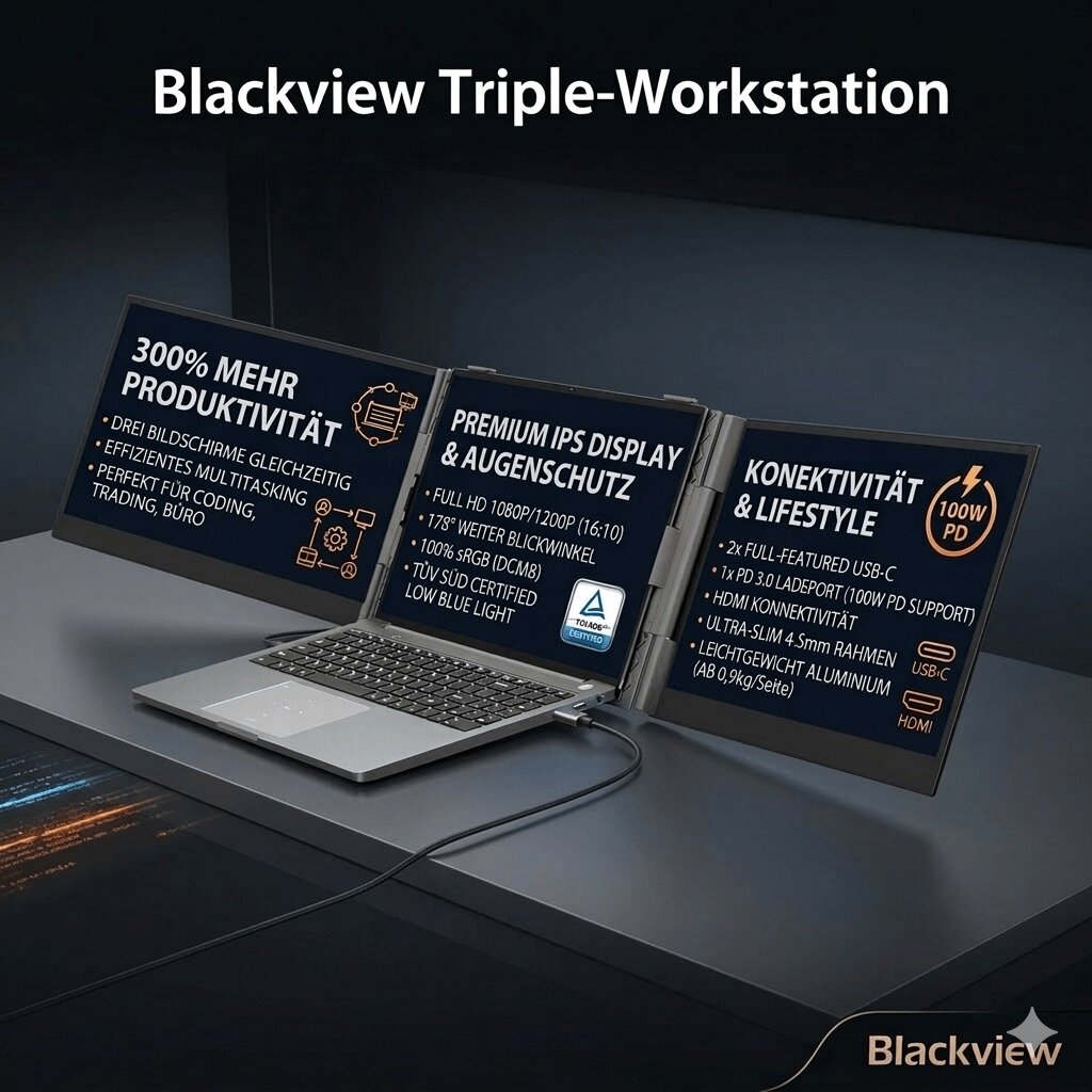 DOKE COMMUNICATION (HK) LIMITED Blackview DCM6 Dual Laptop Bildschirm Erweiterung 14 Zoll Full HD IPS Triple Screen Monitor USB-C HDMI 100W PD TÜV Eye Care – Ansicht 3