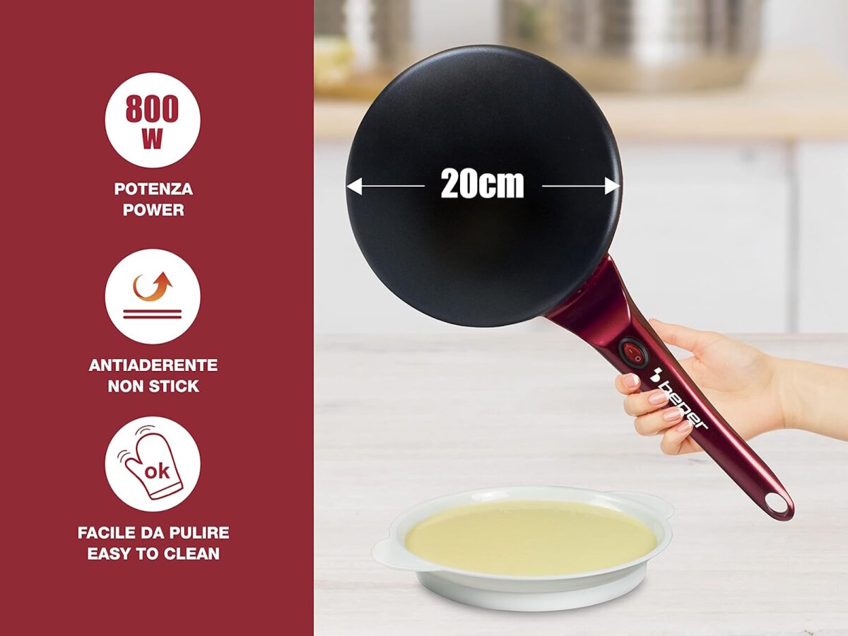 Beper s.r.l Beper BT.710Y Elektrischer Crêpes Maker 800W, Antihaftplatte 20 cm - Crepe-, Pancake- & Omelettmaker mit Teigbehälter